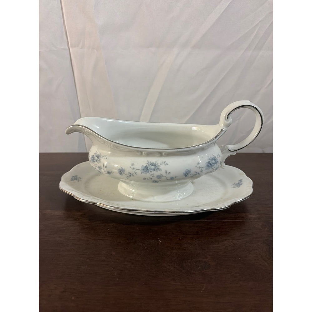 Porcelain Gravy Boat with Saucer in Blue Floral Pattern